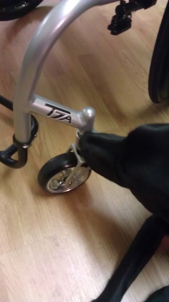 Photo of a dog looking at the front wheel of a wheelchair with Frog Legs suspension.